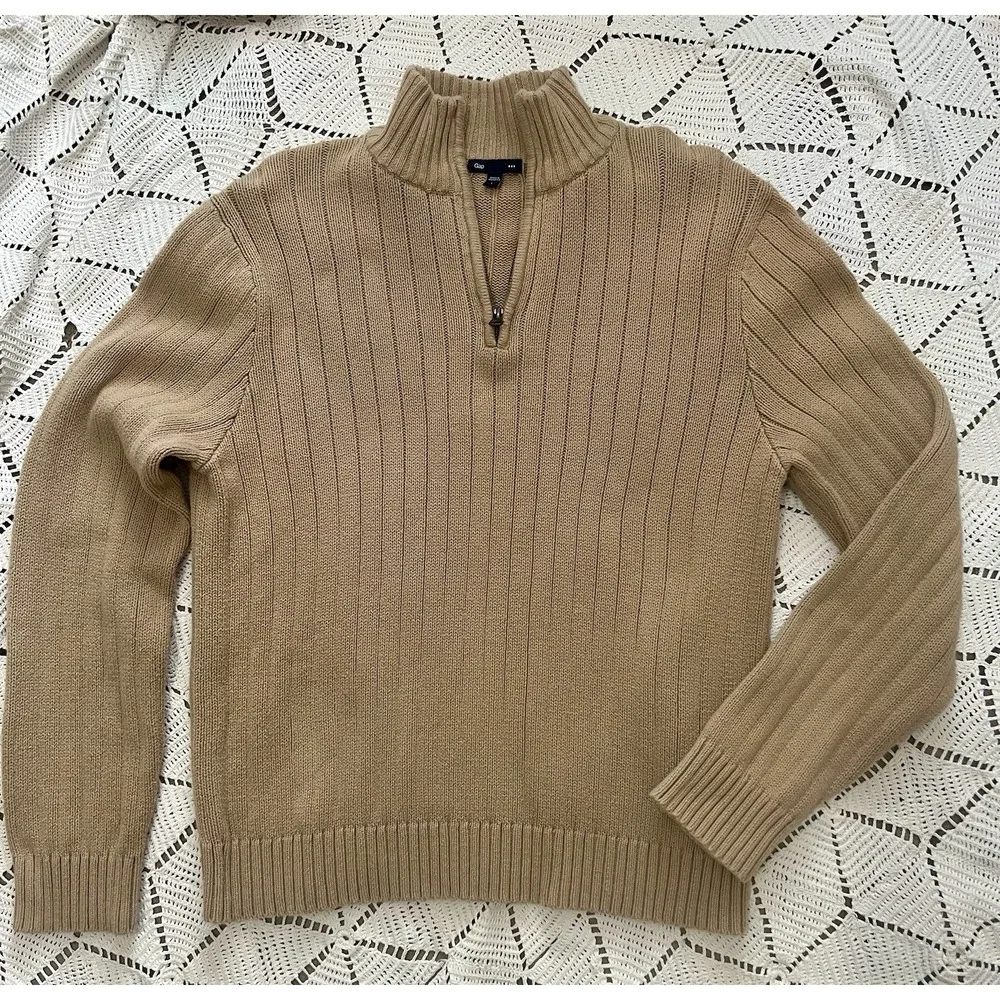 100% Cotton Vintage GAP Tan Ribbed Half Zip‎ Sweater Mens L Warm 1/4 Zip Neutral